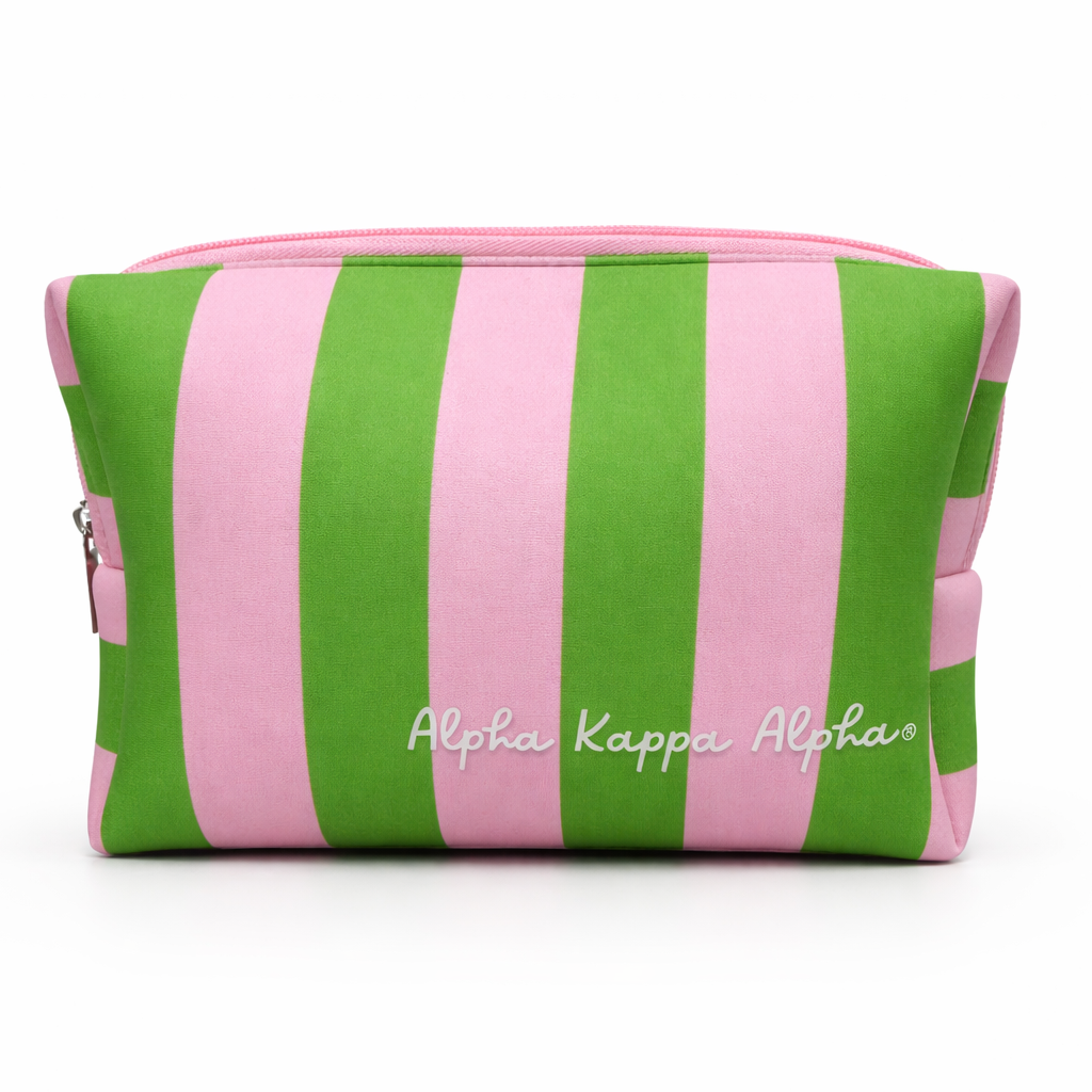 Green and pink striped pouch with 'Alpha Kappa Alpha' text on a white background