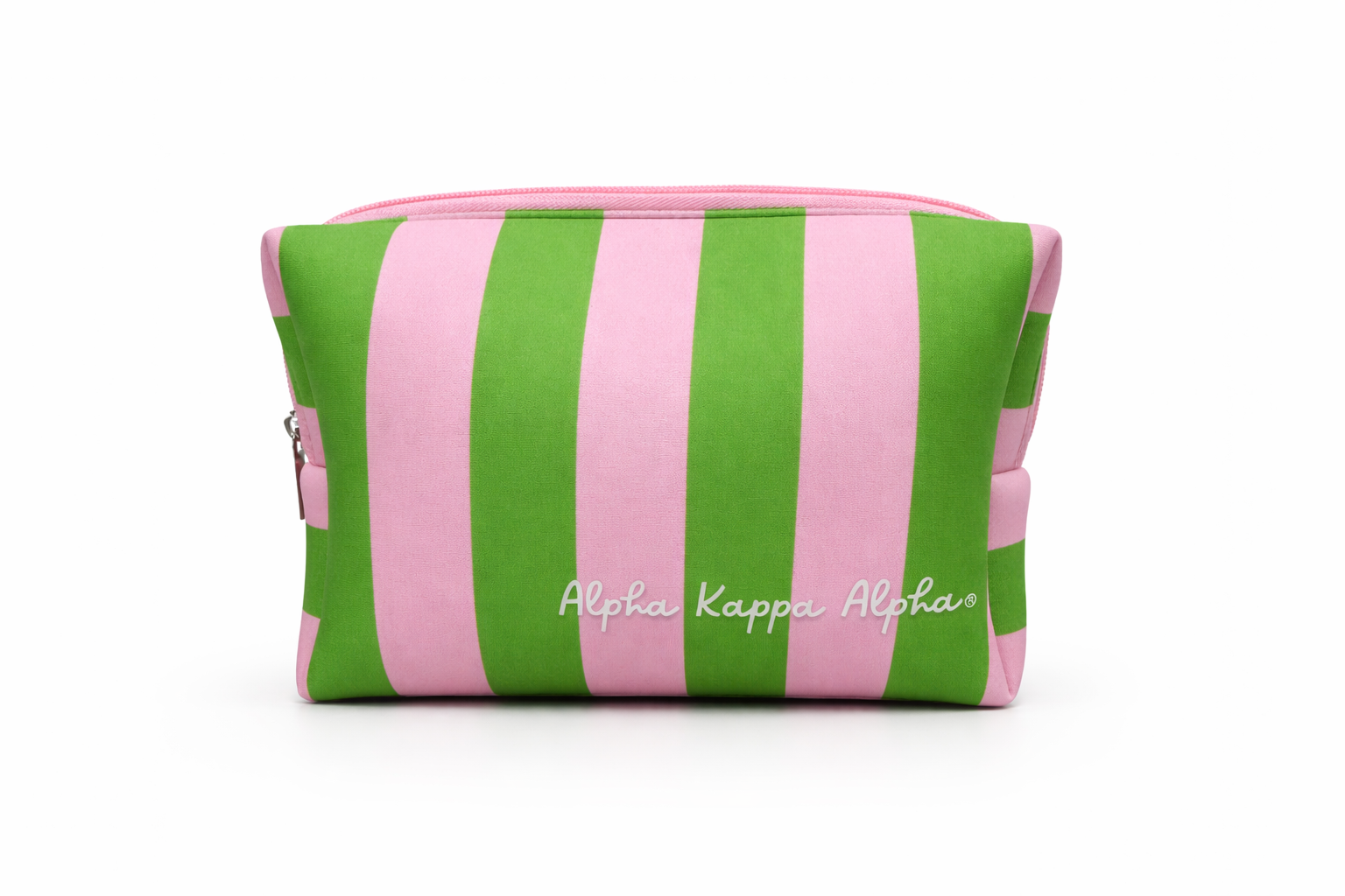 Green and pink striped pouch with 'Alpha Kappa Alpha' text on a white background