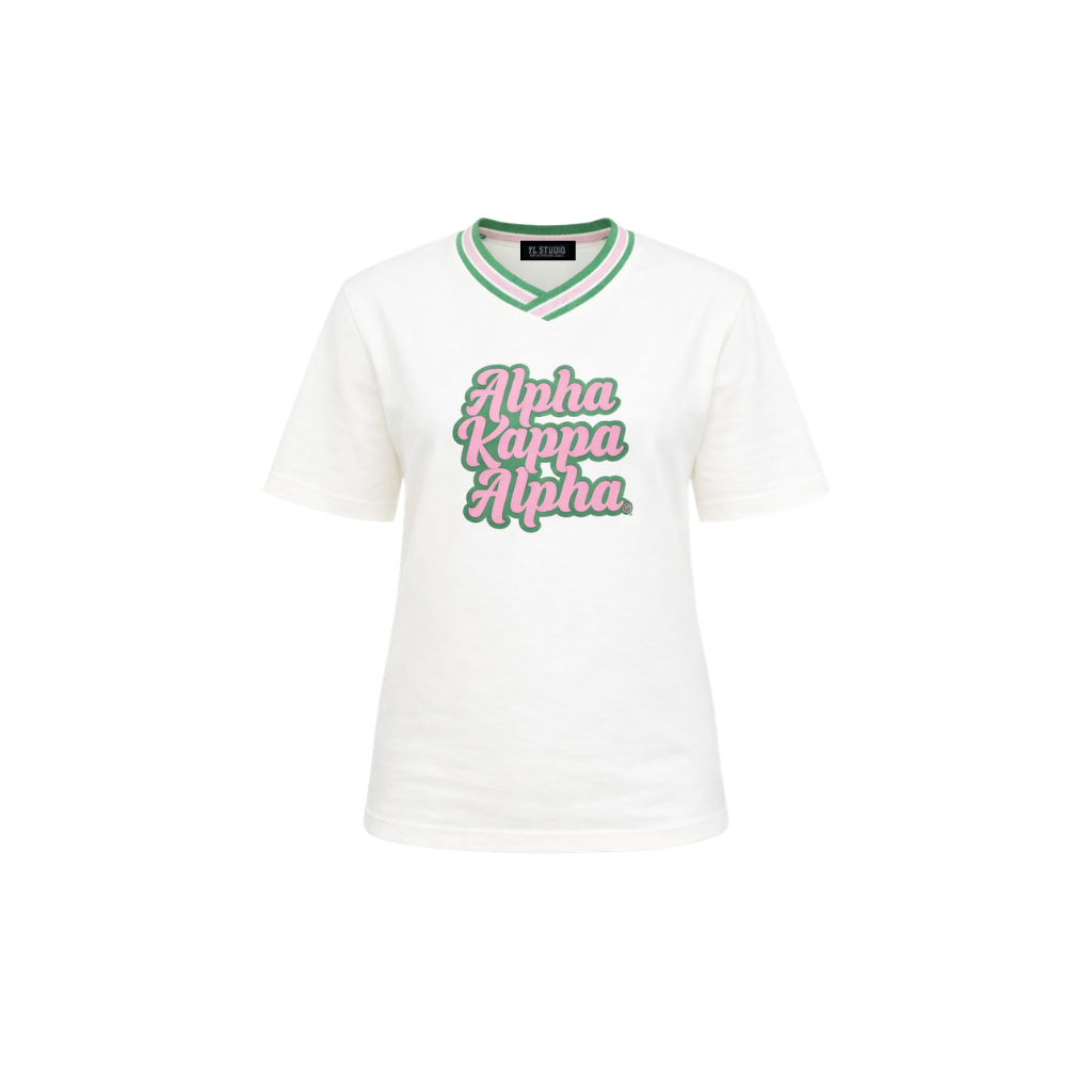 White t-shirt with 'Alpha Kappa Alpha' text on a white background
