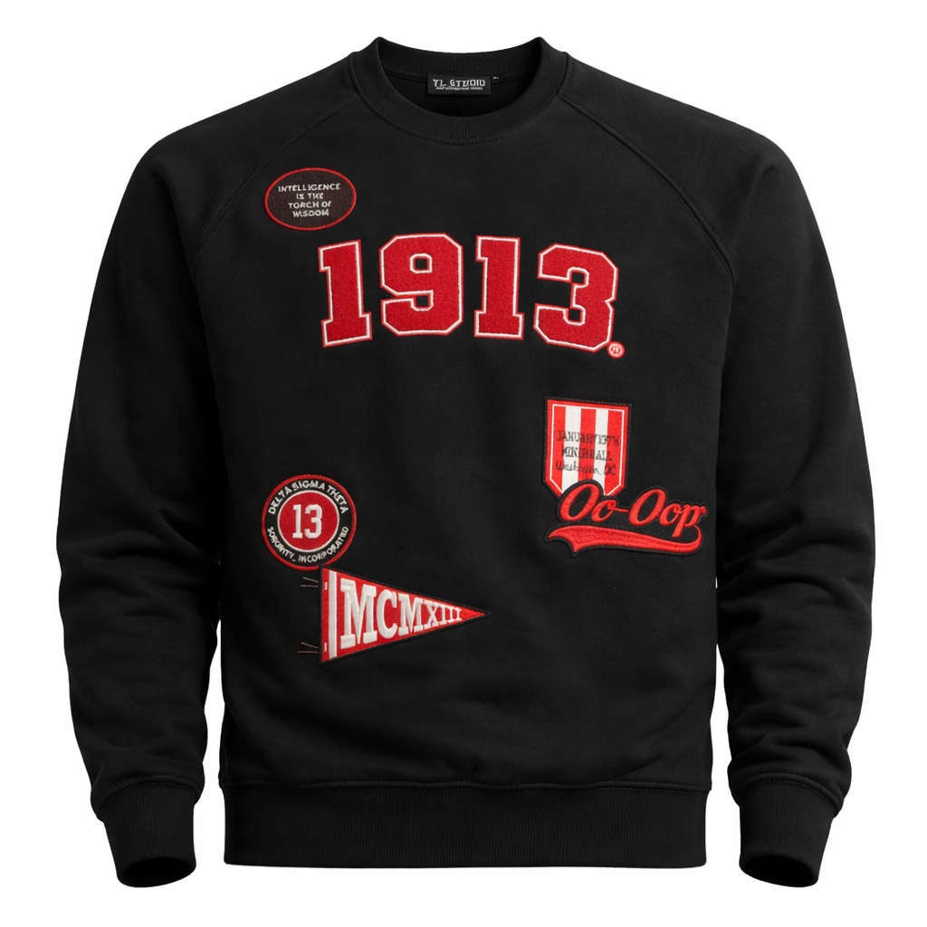 Black sweatshirt with red and white text and graphics on a black background