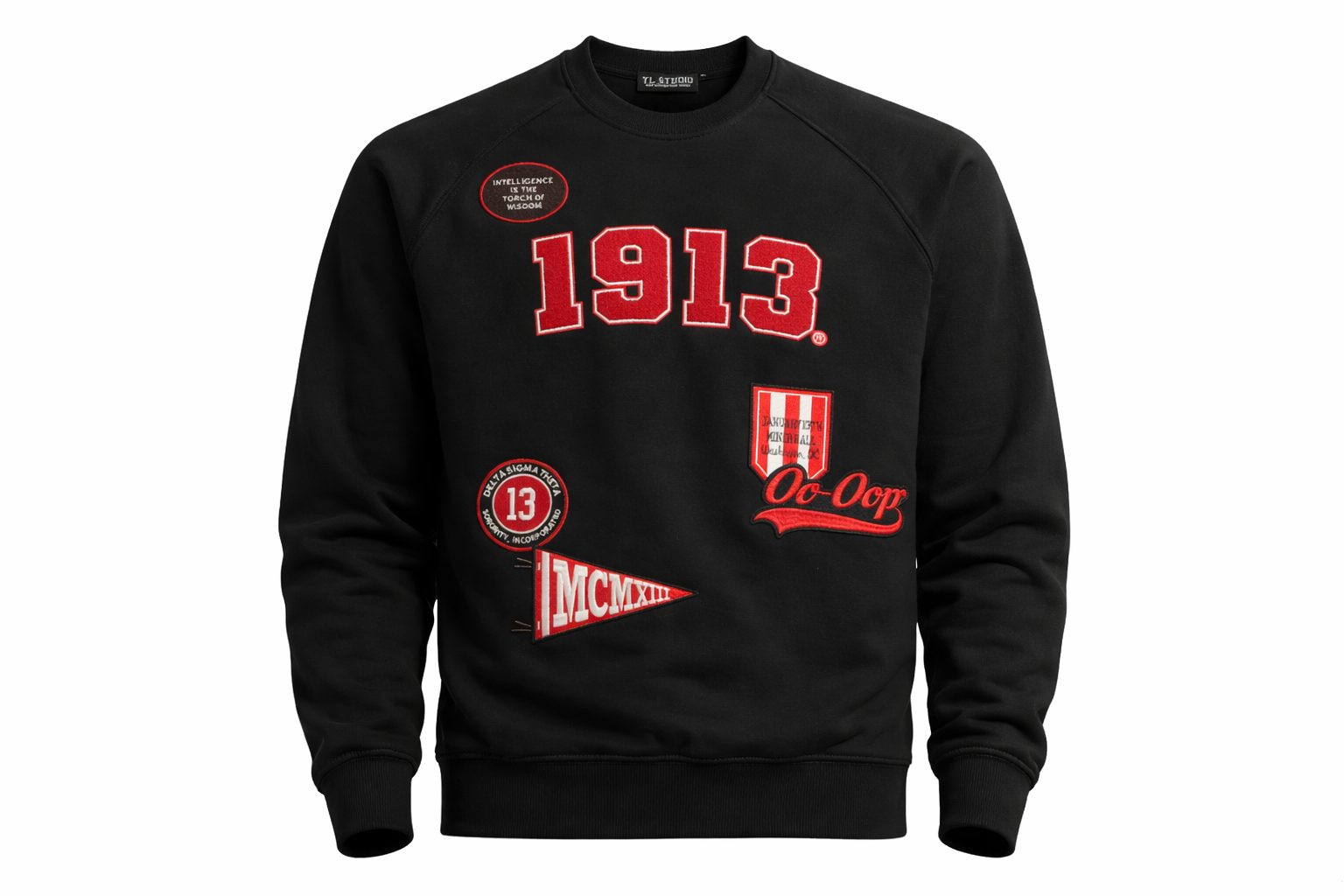 Black sweatshirt with red and white text and graphics on a black background