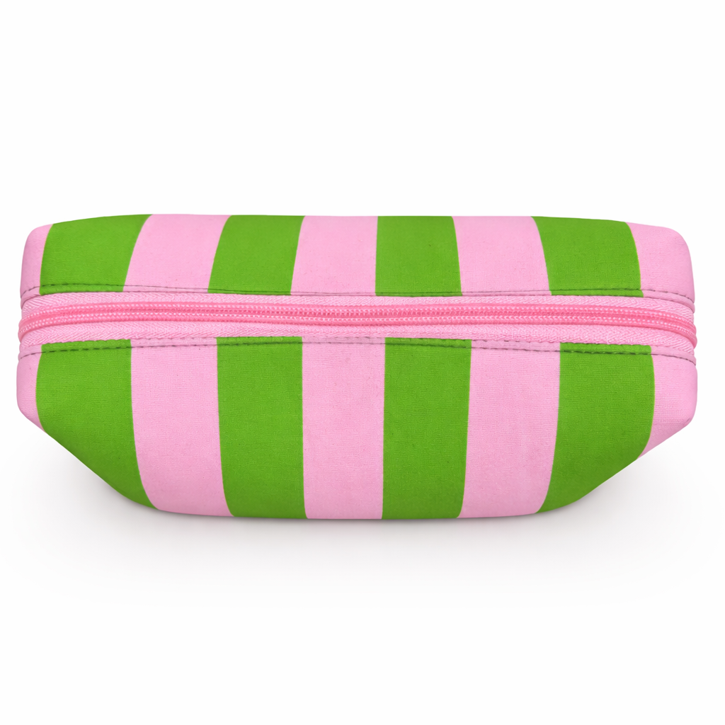 Green and pink striped pouch with a zipper on a white background