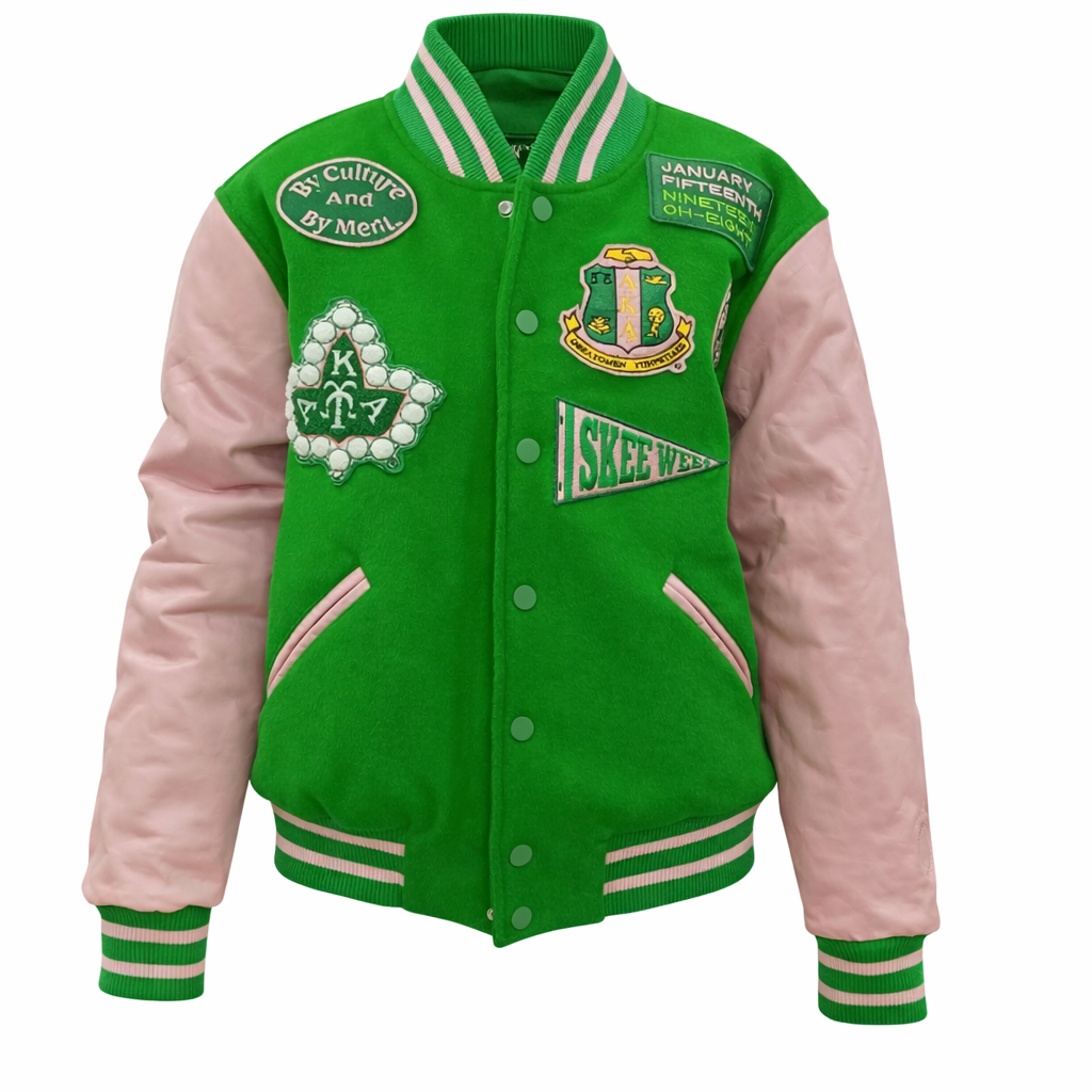 Green and pink varsity jacket with embroidered logos on a white background