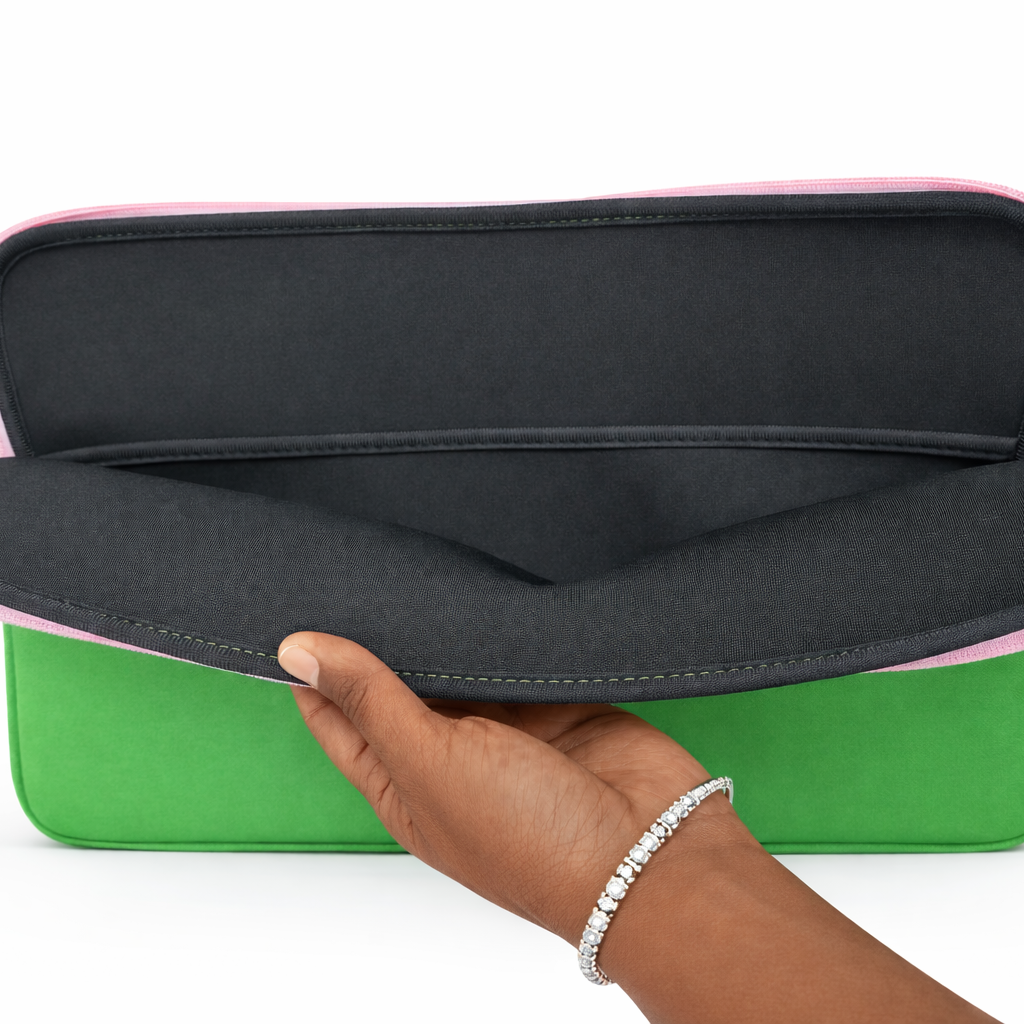 Green and pink case with a hand holding it open on a white background