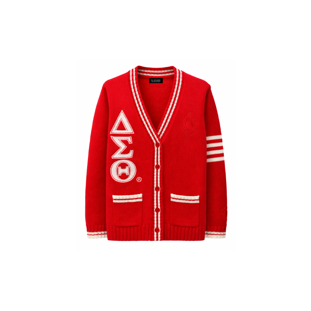 YL STUDIO GREEK - DELTA SIGMA THETA VARSITY CARDIGAN IN RED – YL