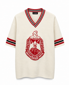 White sweater with red and black emblem and stripes on a white background