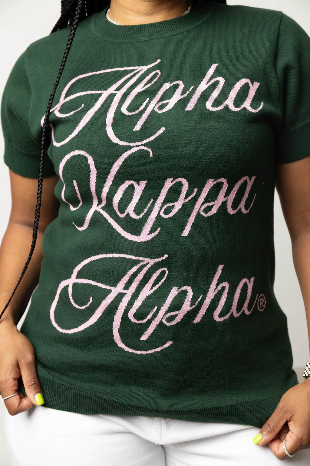 YL STUDIO I Short-Sleeved Knit Cursive Sweater Alpha Kappa Alpha