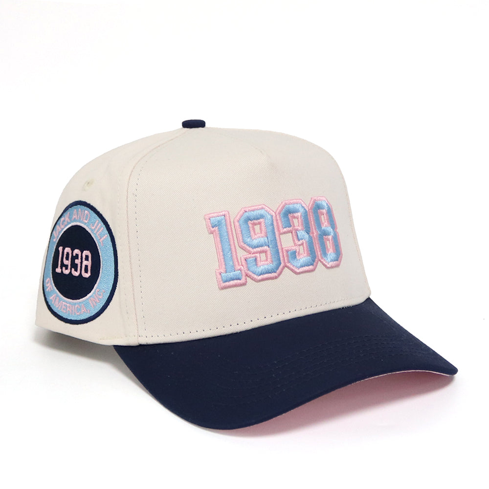 Cream and navy cap with '1938'  embroidery and side embroidered patch