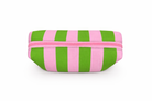 Green and pink striped pouch with a zipper on a white background
