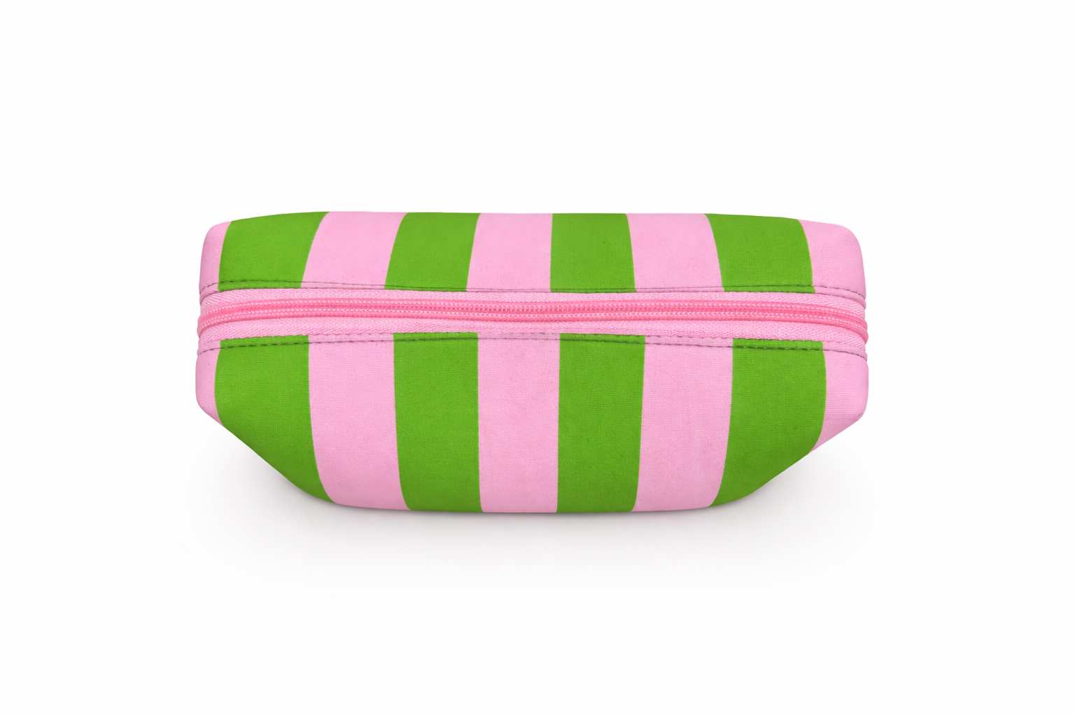 Green and pink striped pouch with a zipper on a white background