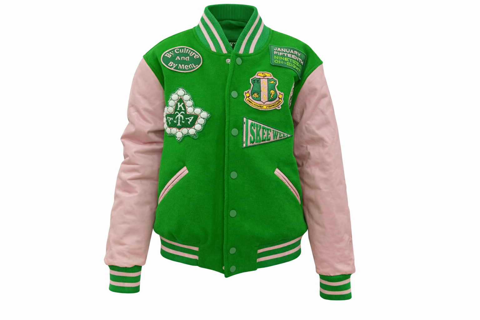 Green and pink varsity jacket with embroidered logos on a white background