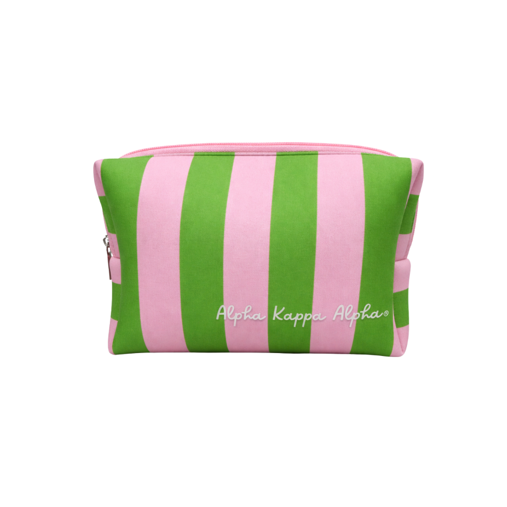 Green and pink striped pouch with 'Alpha Kappa Alpha' text on a white background
