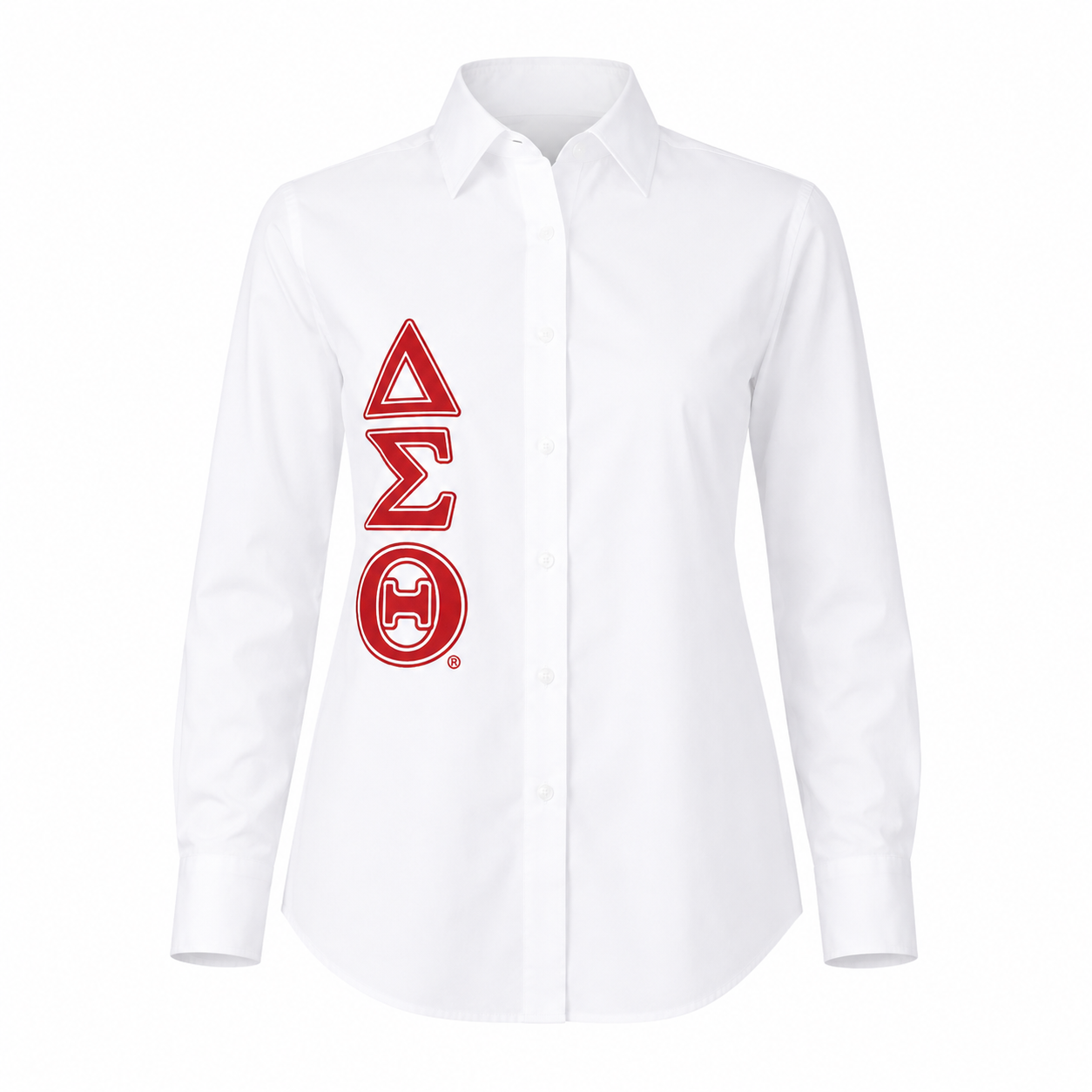 White button-up shirt with red Delta Sigma Theta logo on a white background