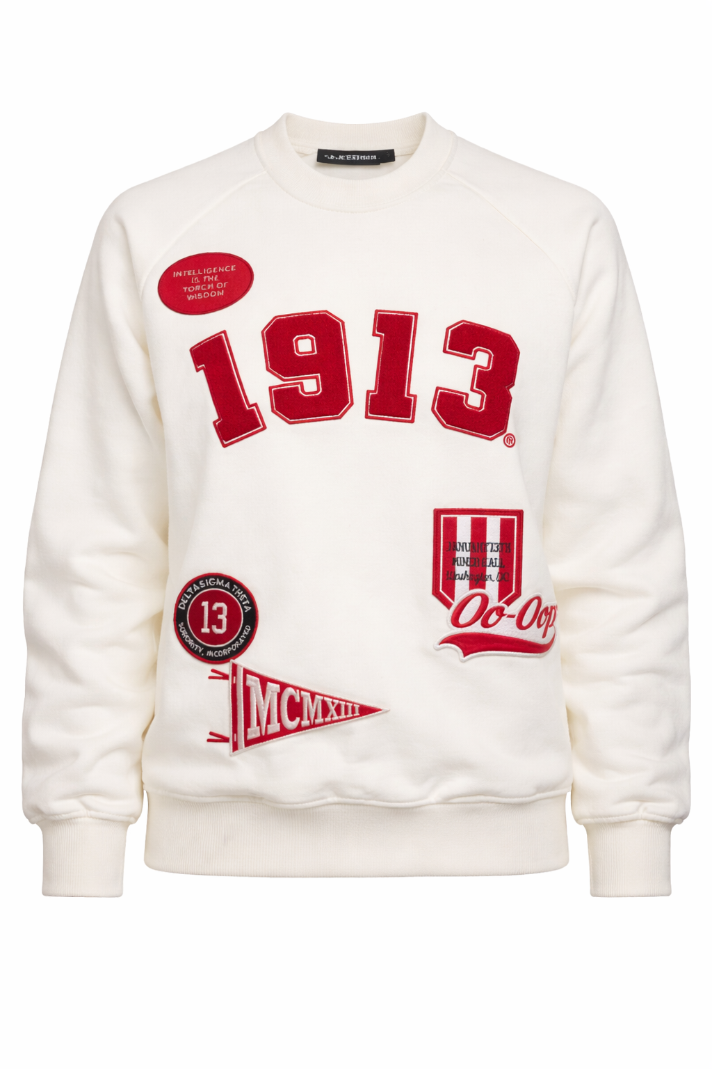 cream/ off-white sweatshirt with red text and graphics on a white background