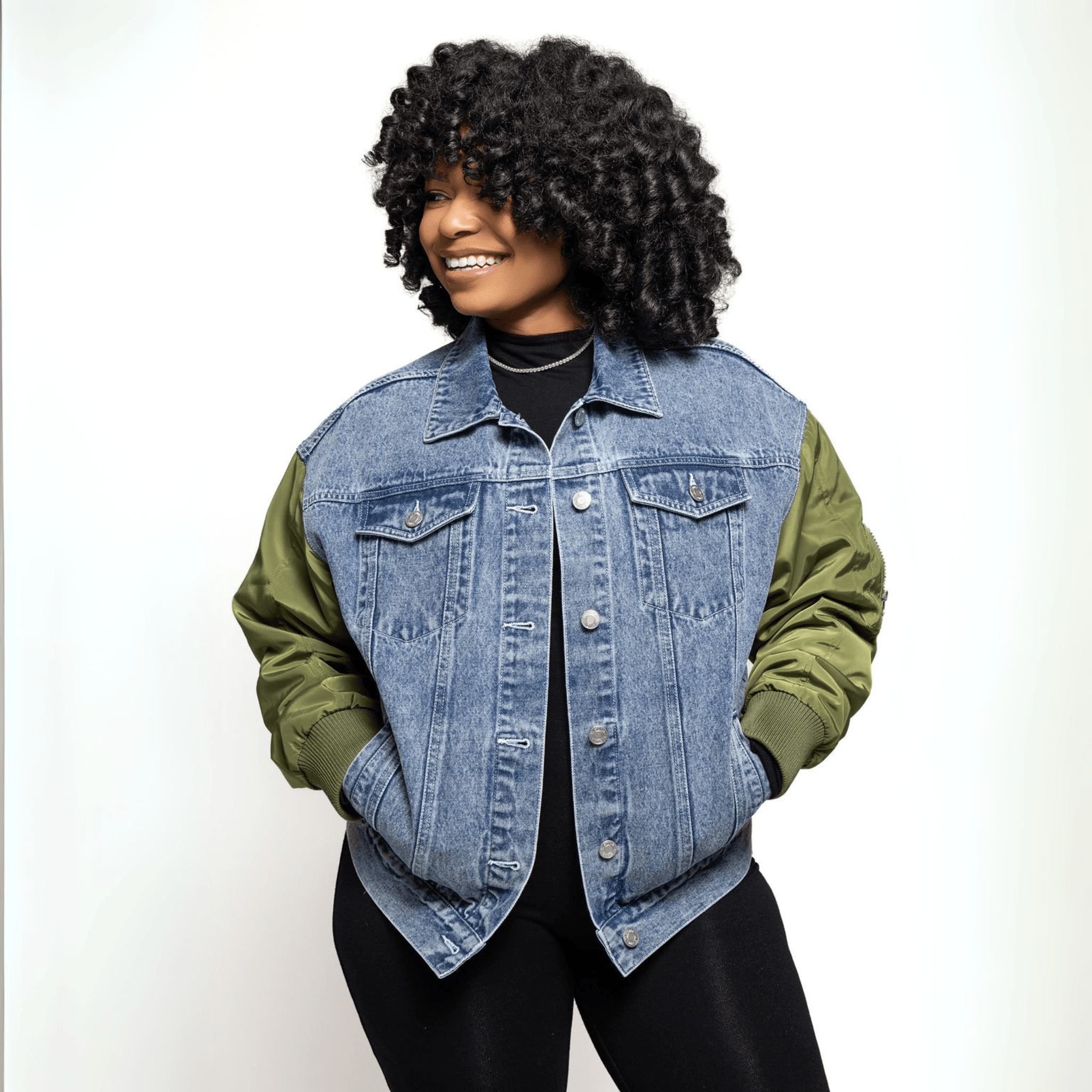 Nylon Sleeve Denim Jacket- Alpha Kappa Alpha – YL STUDIO LLC Nylon Sleeve Denim Jacket- Alpha Kappa Alpha – YL STUDIO LLC