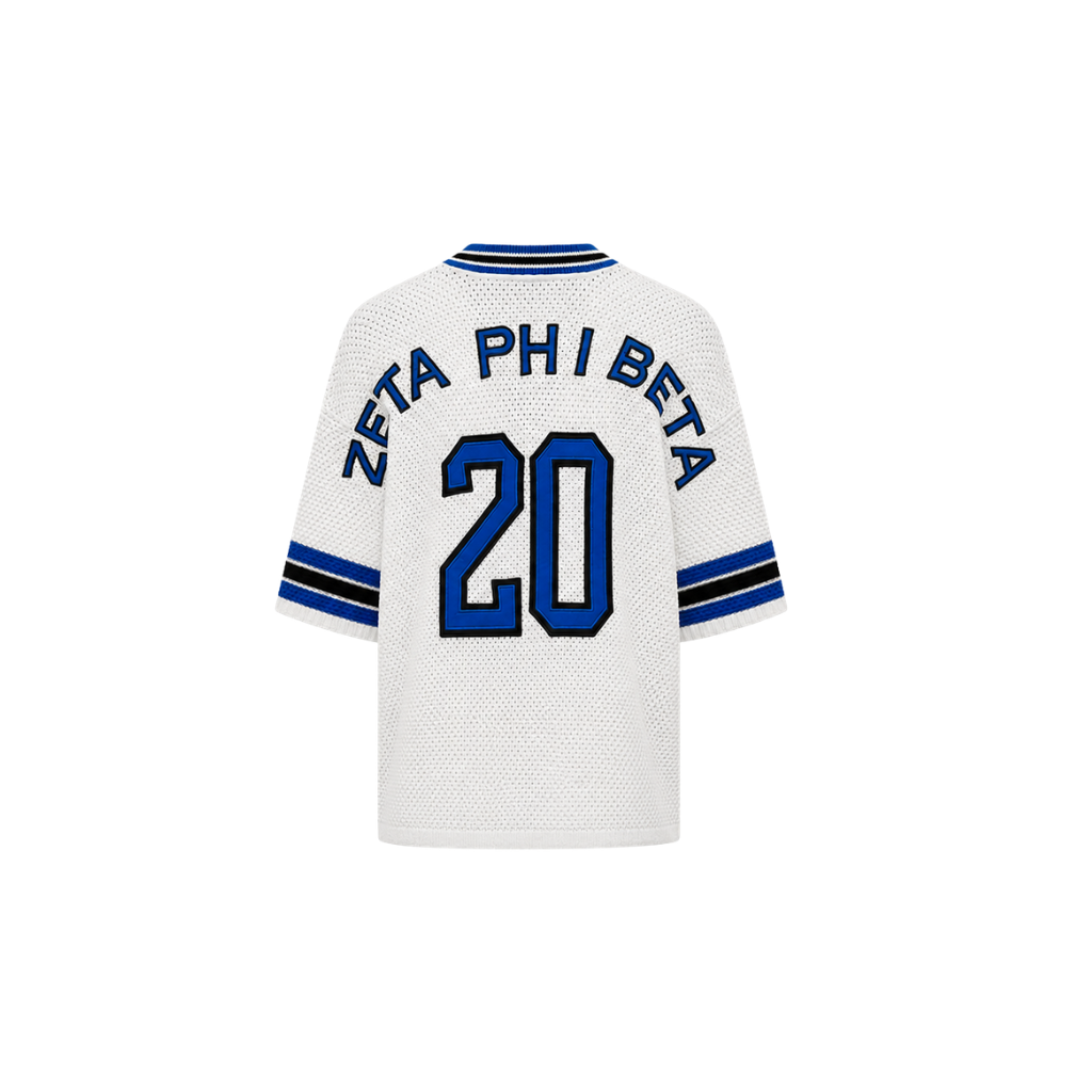 White sports jersey with 'Zeta Phi Beta' and number '20' on a white background