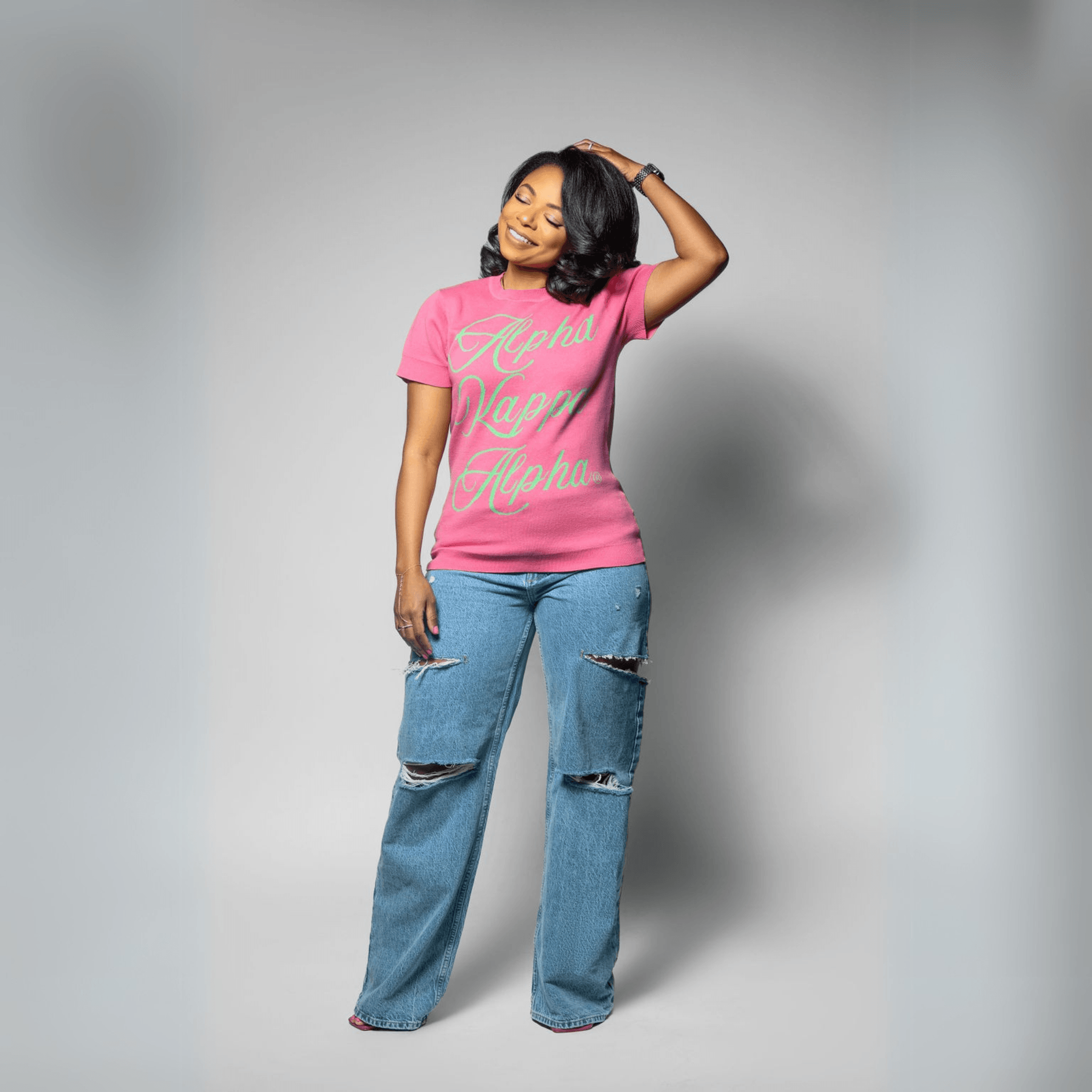 YL STUDIO I Short-Sleeved Knit Cursive Sweater - Alpha Kappa Alpha 